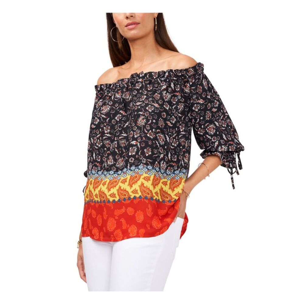 VINCE CAMUTO Womens Black Pleated Tie Cuffs 3/4 Sleeve Off Shoulder Top XXS